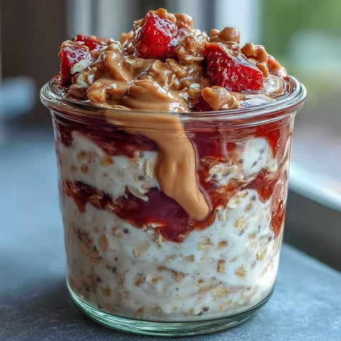 Flacons de Overnight Oats Protéinés au Beurre de Cacahuète et Confiture de Fraise en couches crémeuses avec une spirale de confiture rouge vif.