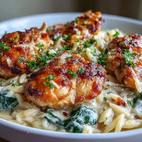 Golden seared chicken and creamy garlic Parmesan orzo simmer in a skillet, garnished with fresh parsley.