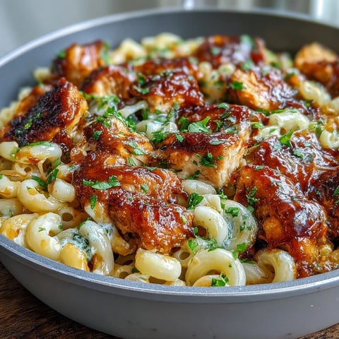Garni de oignons verts, le Sticky Honey BBQ Chicken Pasta Skillet fumant présente des morceaux de poulet enrobés d'une sauce collante au barbecue et miel sur des pâtes crémeuses au cheddar.