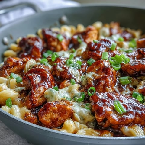 Un plat pâtes skillet collant au miel et barbecue fumant, garni de poulet tendre et de cheddar fondu, prêt à être dégusté.