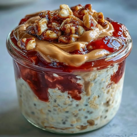 Smooth peanut butter and strawberry jam swirl overnight oats topped with sliced fresh berries in a glass jar. 