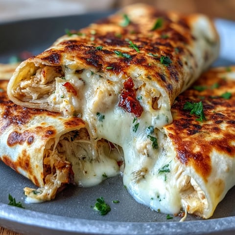 Low Carb Cheesy Garlic Chicken Wraps garnis de tortillas dorées, montrant le fromage fondu et le poulet tendre épicé à l’ail.