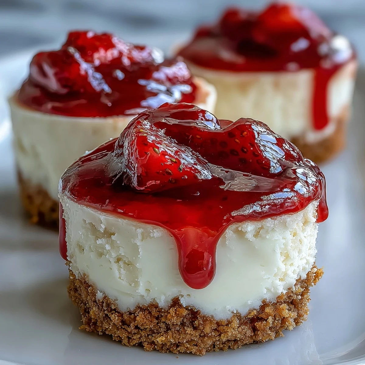 Healthy Strawberry Cheesecake Bites en mini-desserts présentés sur une assiette blanche, couverts d'une sauce aux fraises éclatante.