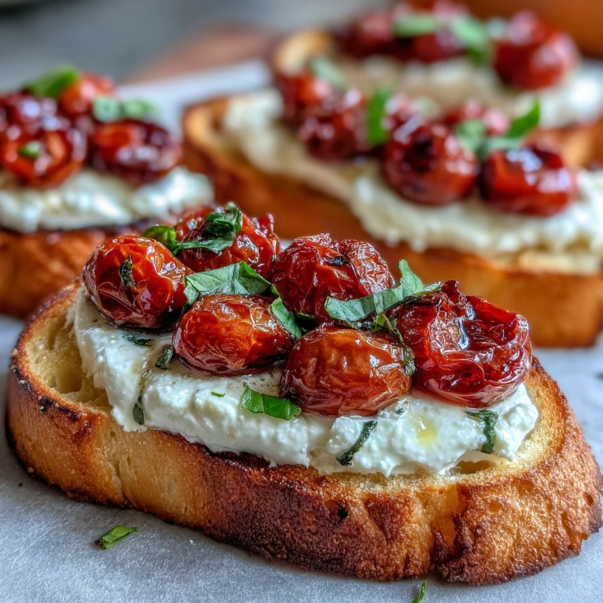 Crostini with Burrata & Cherry Tomato topped with roasted tomatoes and torn basil on crispy bread.