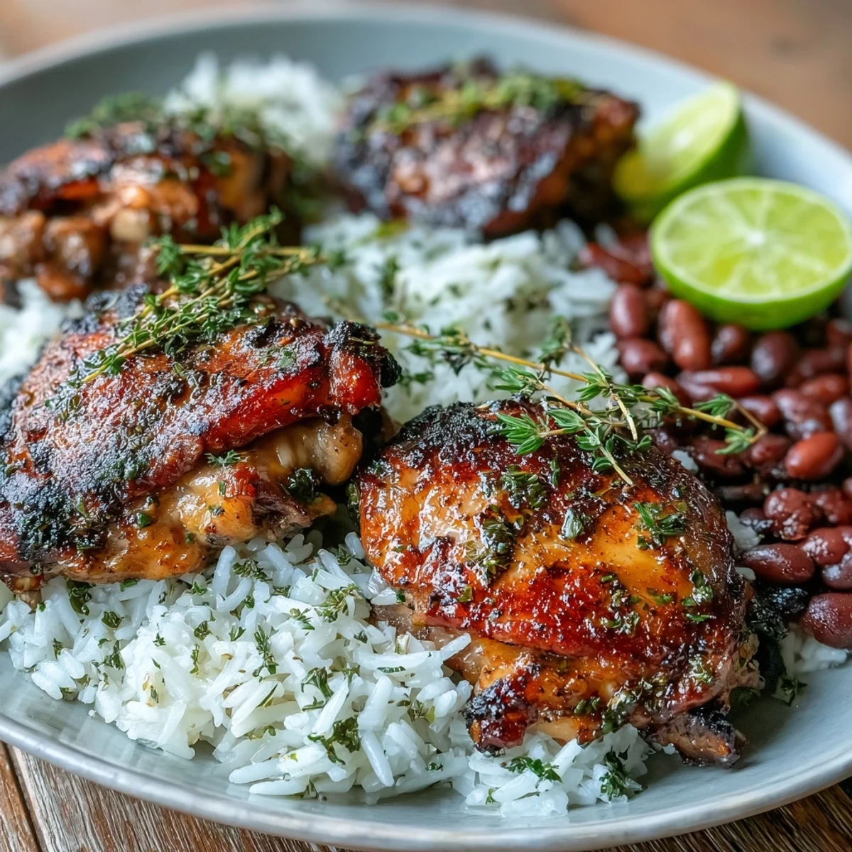 Jerk Chicken Rice & Peas served on a plate, crispy marinated thighs over fluffy coconut rice and kidney beans