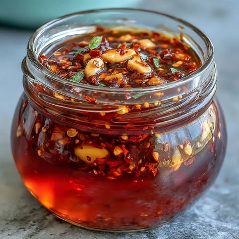 Spicy Calabrian Chili Oil drizzled over grilled vegetables, with bright red chili flakes and garlic slices visible in golden olive oil.