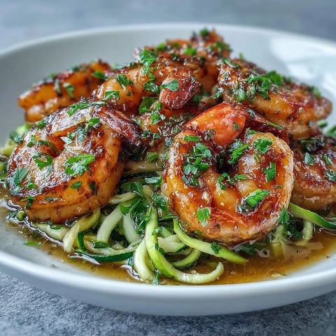 Galeries de crevettes cuites à l'ail et au beurre sur des nouilles de courgette, servies avec du persil frais.