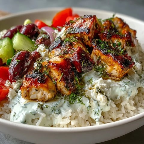 Bol de Light Greek Chicken Souvlaki avec tzatziki crémeux et riz, garni de légumes croquants et olives Kalamata.