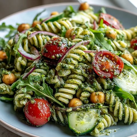 Creamy Vegan Pesto Chickpea Pasta Salad with Arugula tossed with vibrant pesto and cherry tomatoes.