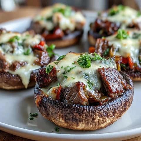 Keto Philly Cheesesteak Stuffed Portobello Mushrooms topped with melted provolone, served hot and bubbling from the oven.