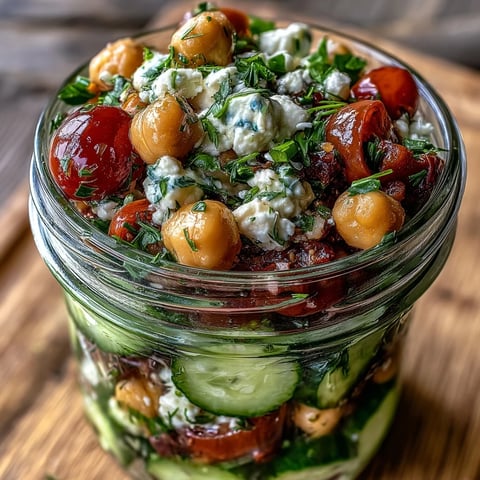 Citrus Herb Chickpea Cucumber Salad Jars layered with crisp veggies and zesty dressing in glass jars.