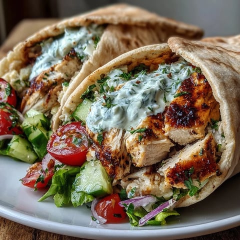 Des Light Greek Chicken Pita Pockets garnies de sauce au yaourt, garnies de poulet grillé et d'une salade frais concombre-tomate.