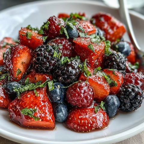 Fresh Summer Berry Salad with Mint and Honey served in a white bowl, garnished with mint leaves and a honey drizzle. Fresh Summer Berry Salad with Mint and Honey in a glass bowl, mixed berries glistening with lemon and honey. Fresh Summer Berry Salad with Mint and Honey on a rustic table, ready to serve with sparkling water.