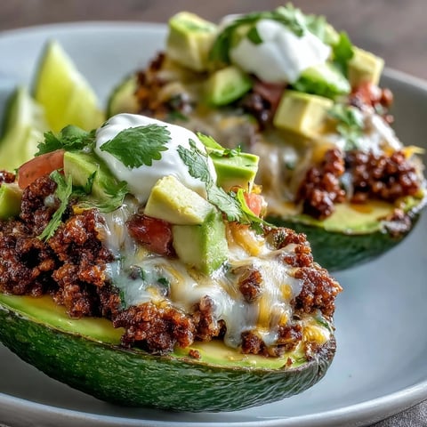 Avocat farci au taco avec bœuf épicé, salsa fraîche et crème sure - un repas keto coloré et savoureux.