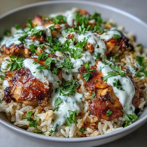 Un pot de riz et de poulet shawarma épicé, garni de persil frais et de sauce au yaourt citronné.  