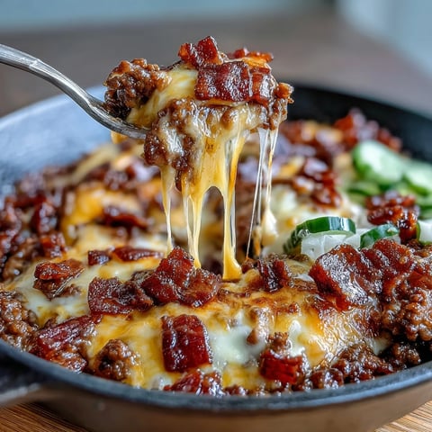 1. Keto BBQ Bacon Cheeseburger Skillet with melted cheddar, crispy bacon, and tangy sugar-free BBQ sauce, served hot in a cast-iron skillet.  