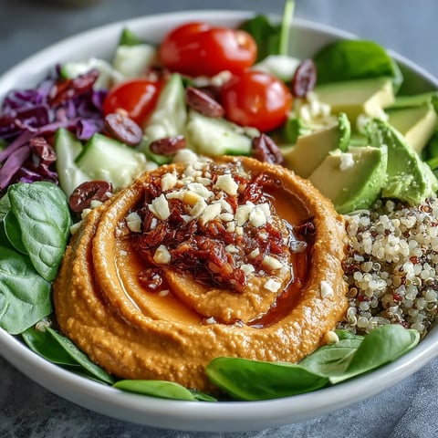 1. Vibrant Vegan Buddha Bowl with creamy roasted red pepper hummus, fresh veggies, and quinoa for a wholesome, colorful meal.  