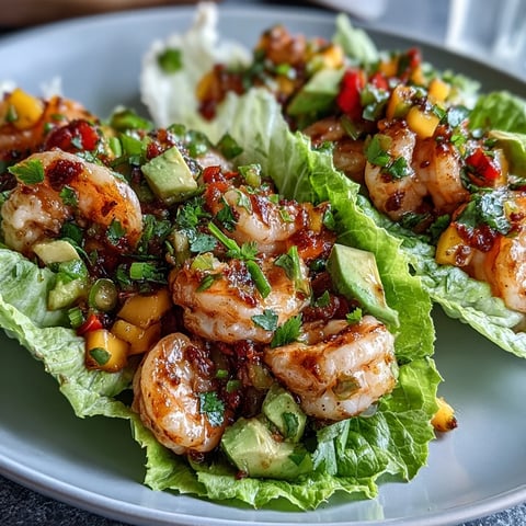 Tacos de crevettes à la mangue légère servis dans des coupelles de laitue croustillantes avec une salsa fraîche et colorée.