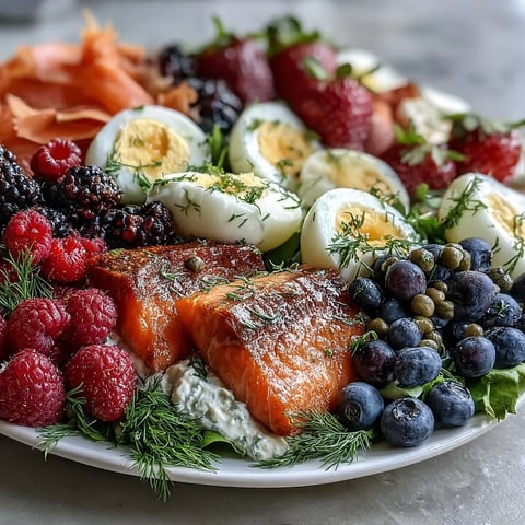 Planche brunch Galentine avec bagels, lox et baies : assortiment coloré de bagels frais, saumon fumé, fruits rouges et légumes croquants pour un moment convivial entre amies.