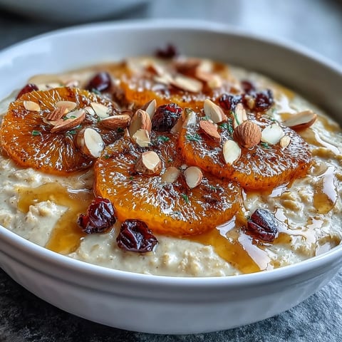 Bol de flocons d'avoine crémeux garni de tranches d'orange confite brillantes, de canneberges séchées et d'amandes grillées dorées.  