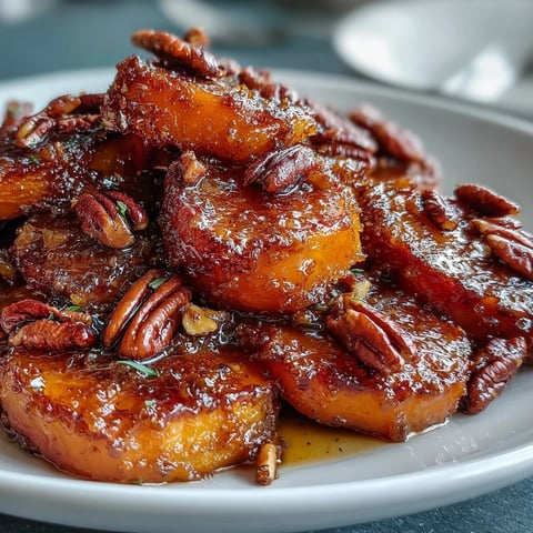 Des ignames tendres nappées d'un glaçage au sucre brun et beurre, garnies de pacanes grillées croquantes—un accompagnement classique pour les fêtes ou les dîners.