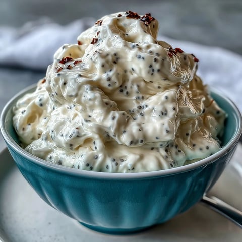 Pudding crémeux au yaourt et graines de chia avec vanille, garni de baies fraîches et de copeaux de noix de coco toastés.  