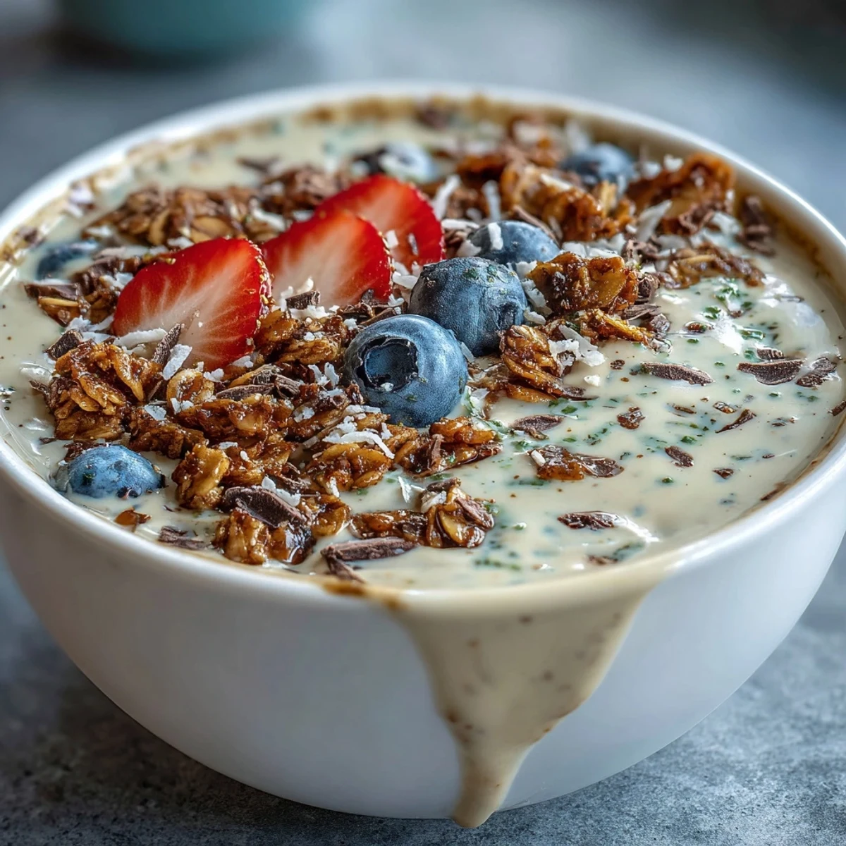 Bol de smoothie crémeux à la vanille et café, garni de granola croquant et de fruits frais pour un petit-déjeuner rafraîchissant.