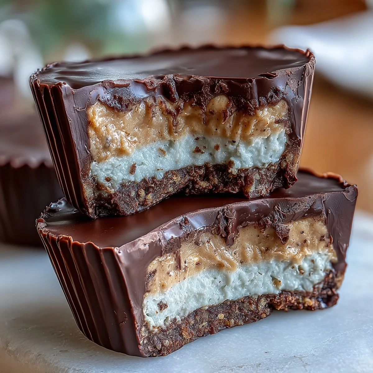 Tasses de beurre de cacahuète maison riches en protéines avec garniture au yaourt grec, un dessert sain et crémeux.  
