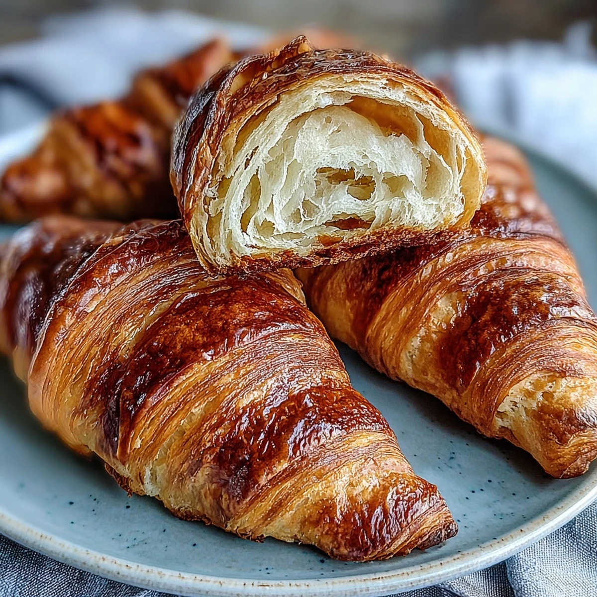 Croissants feuilletés et dorés au levain, avec une croûte croustillante et un cœur tendre et aéré.  