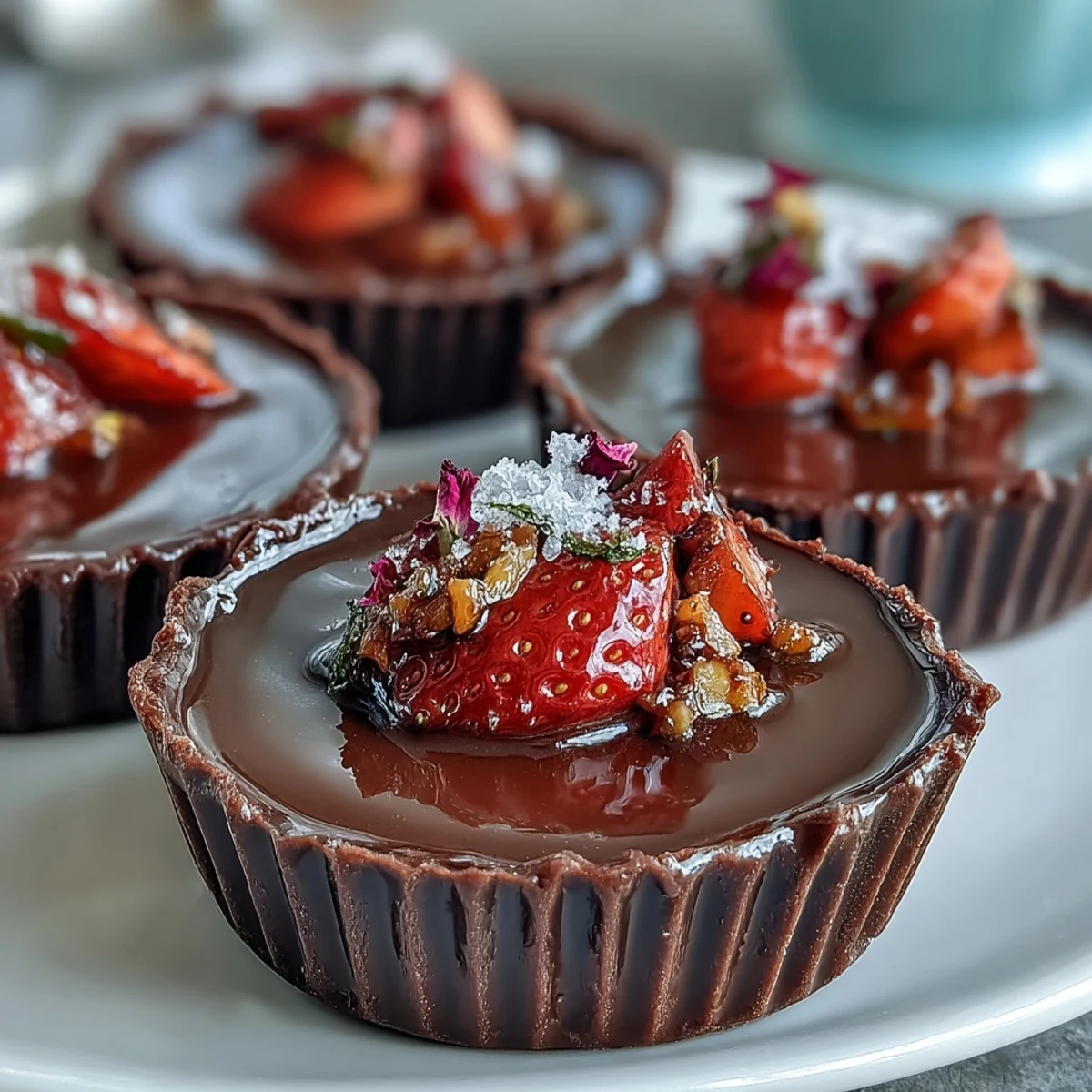 Coupes de chocolat de Dubaï aux fraises avec croquant de pistache, dessert élégant et parfumé.  