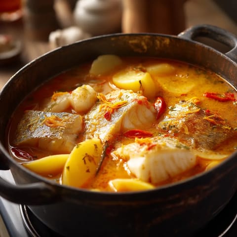 Une grande casserole contenant des poissons et des légumes.