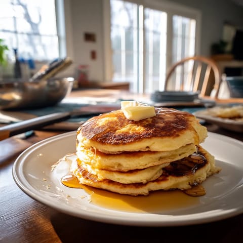 Une table avec des pancakes sur un plateau.
