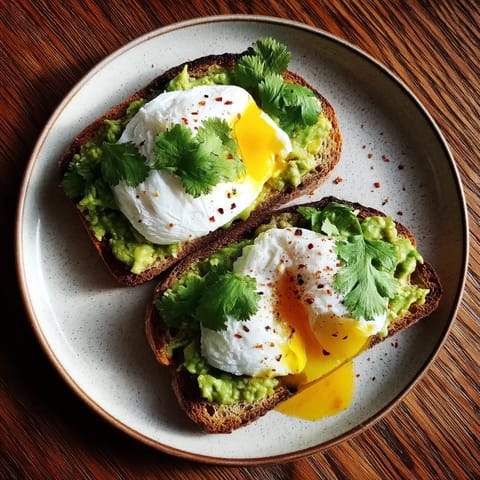 Une assiette contenant deux tranches de pain grillé avec des œufs brouillés et des herbes vertes.