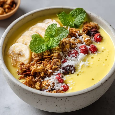 Un bol de céréales avec des bananas, des fraises, des noix, des raisins, des graines de lin et des épinards.