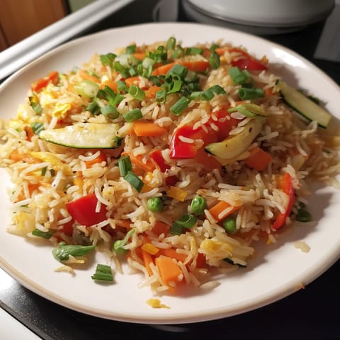 Une assiette de riz avec des légumes verts et des légumes rouges.