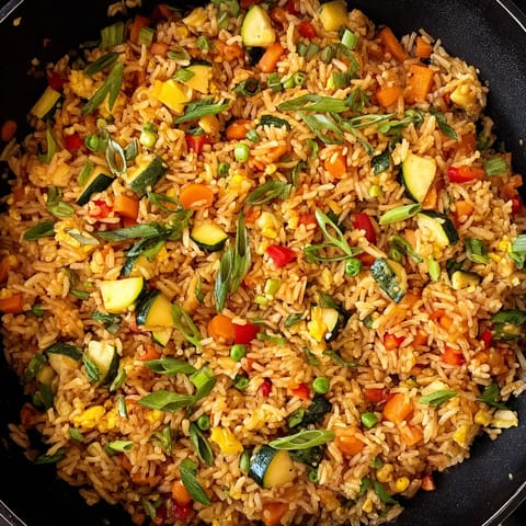 Une casserole de riz avec des légumes variés tels que des carottes, des poivrons, des courgettes, des brocolis et des épinards.