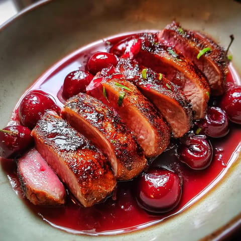 Une viande rouge est servie avec des cerises et des épinards.