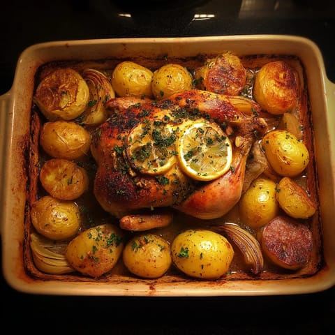 Une casserole contenant des légumes et du poulet.