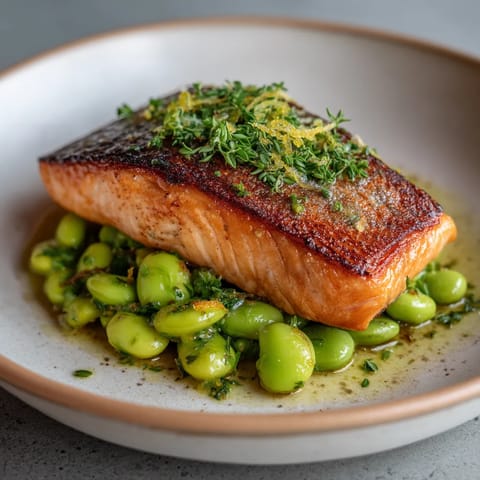 Une poisson grillé avec des herbes sur un plateau.