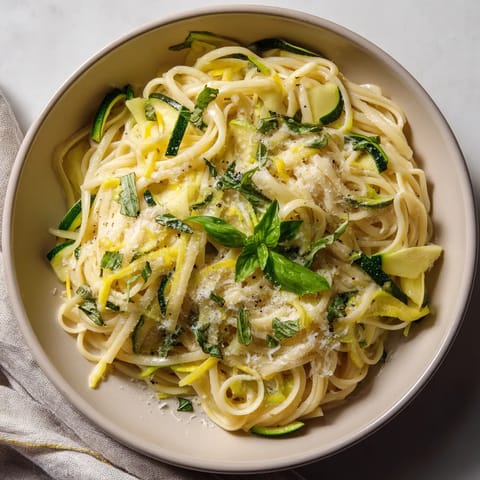 Une assiette de spaghetti avec des légumes verts et des herbes.