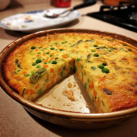 Une tarte aux légumes, avec des légumes verts et des carottes, est servie sur un plateau.