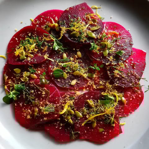 Une assiette de viande rouge avec des herbes et des noix.