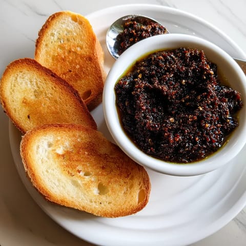 Une assiette de pain grillé et de sauce.