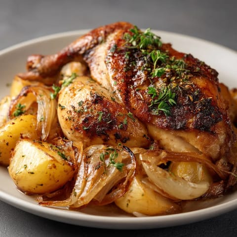 Une pièce de poulet est servie sur une assiette avec des légumes et des herbes.