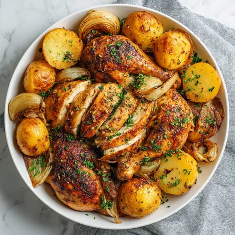Un plat de poulet et de pommes de terre.