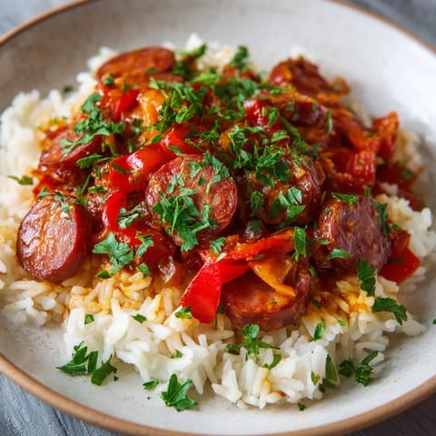 Une assiette de riz avec des chorizos et des tomates.