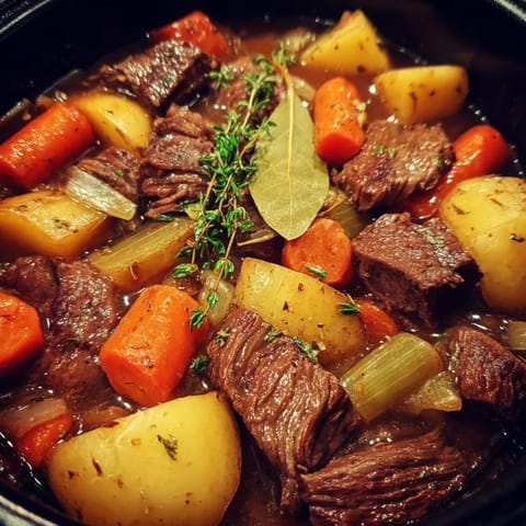 Une soupe de viande avec des légumes et des carottes.