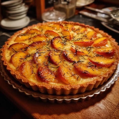Une tarte aux pommes est servie sur un plateau.