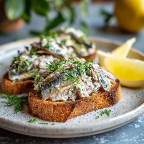 Une assiette de toasts avec des légumes et des poissons.