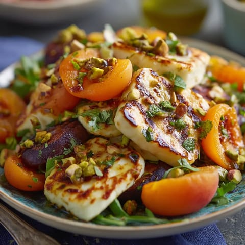 Une assiette de salade composée de tomates, de pêches, de noix de cajou et de fromage.